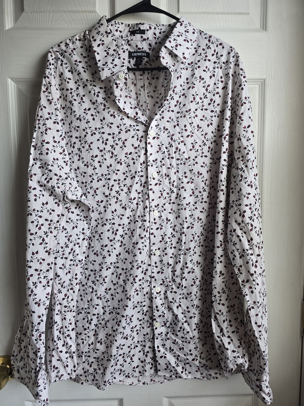 Express White Button-Up with Burgundy Floral Print